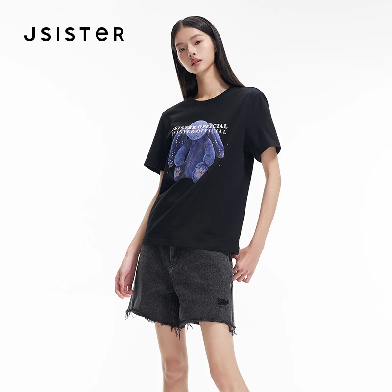 jsister夏季新品 JS女装时尚黑色印花短袖T恤薄荷曼波