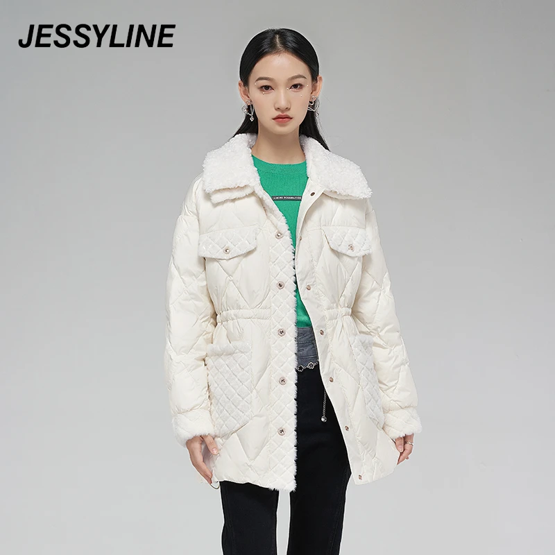 jessyline 冬季新款杰茜莱米白色毛领收腰中长款羽绒服女外套女款