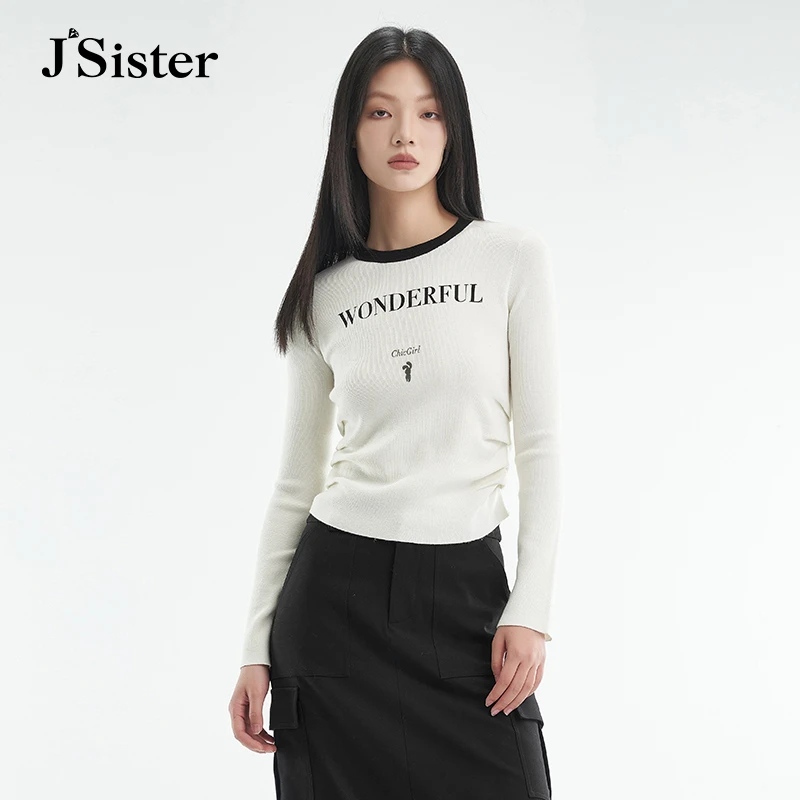 jsister秋季新品 JS小兔印花白色针织衫秋冬打底衫通勤长袖