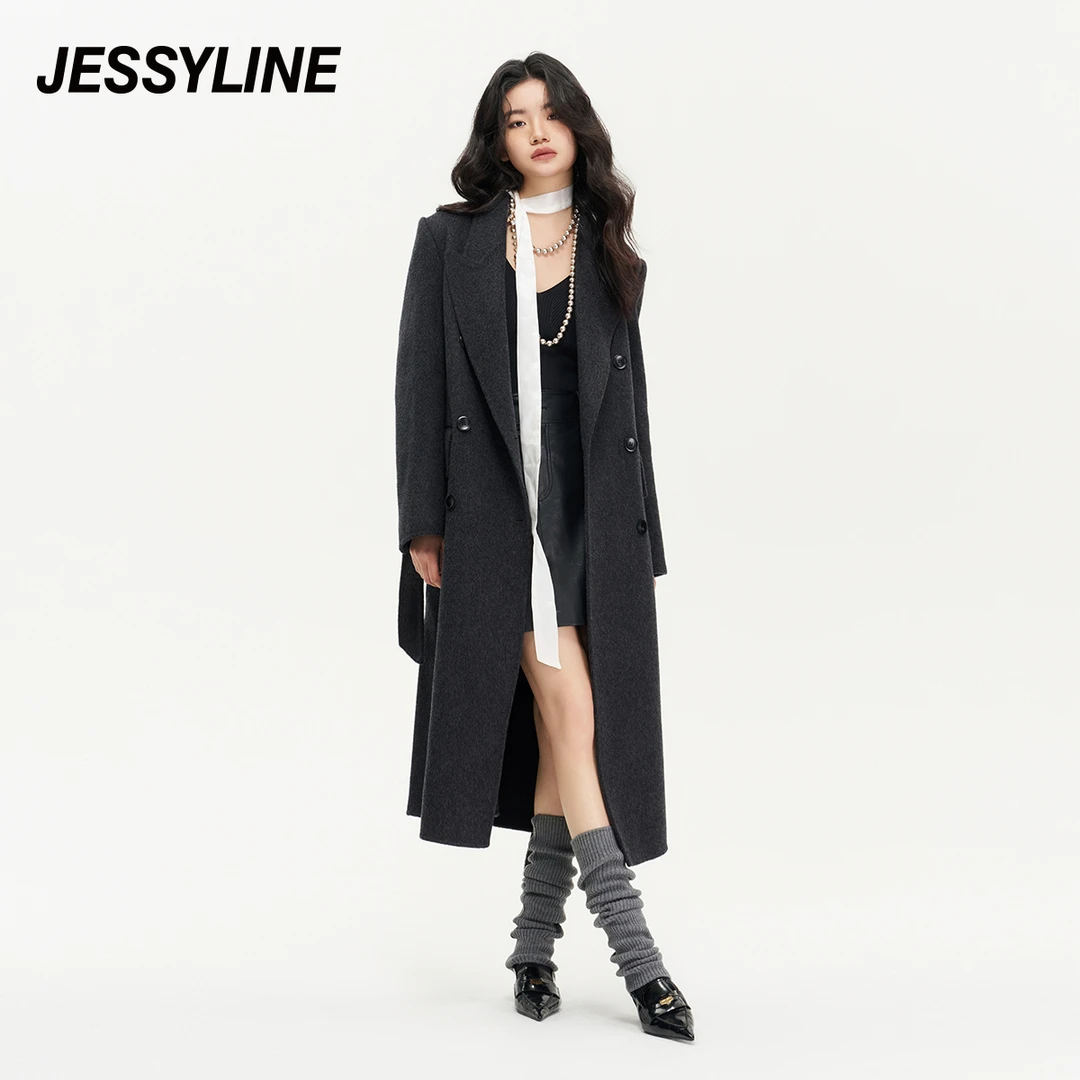 jessyline 2023冬新款 杰茜莱灰色大衣赫本风双面羊毛呢子女外套