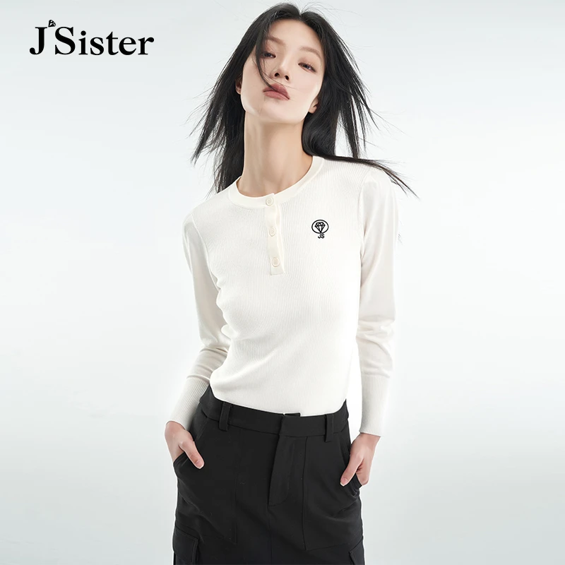 jsister秋季新品 JS简约白色通勤针织衫打底衫肌理感T恤长袖女