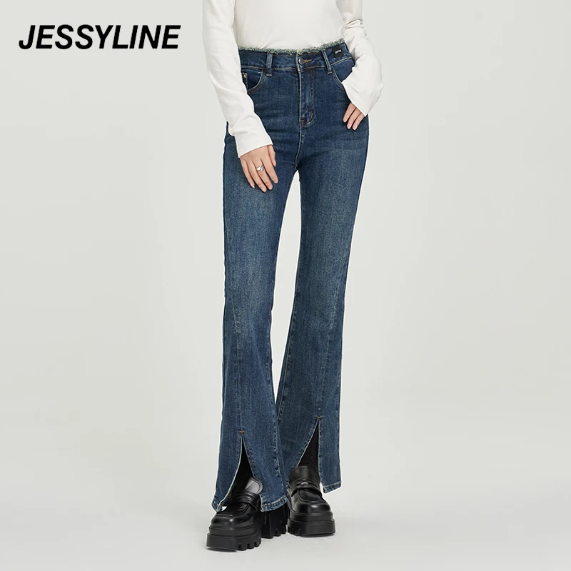 jessyline 杰茜莱微喇开叉修身显瘦牛仔裤秋季新款