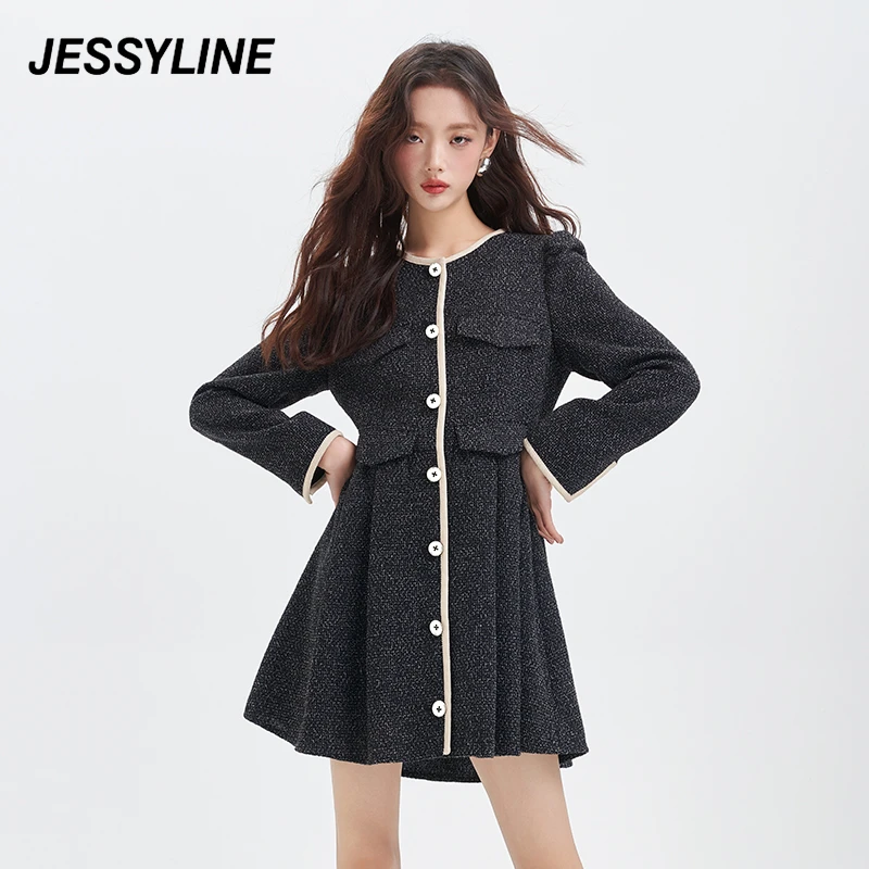 jessyline冬季新款女装 杰茜莱黑色气质衬衫连衣裙 345211464