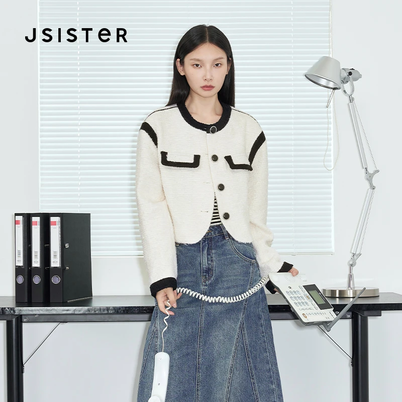 jsister秋装新款 JS女装时尚黑白撞色小香风短款箱型外套