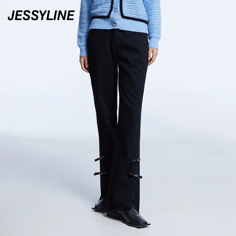 jessyline冬季新款 杰茜莱黑色高腰开叉牛仔裤长裤微喇女装显瘦