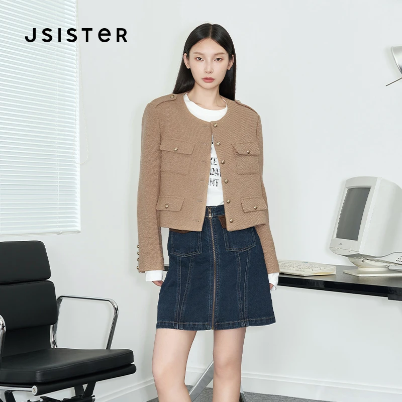 jsister秋季款短外套 JS女装时尚气质百搭圆领设计感卡其色小香风