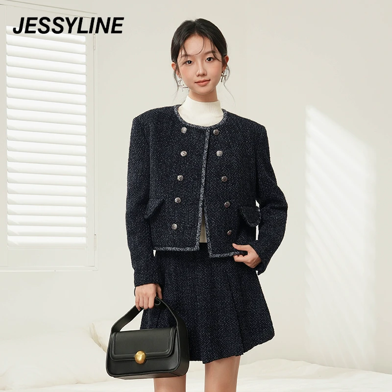 jessyline2024秋冬季新款 杰茜莱气质小香风外套半身短裙两件套装