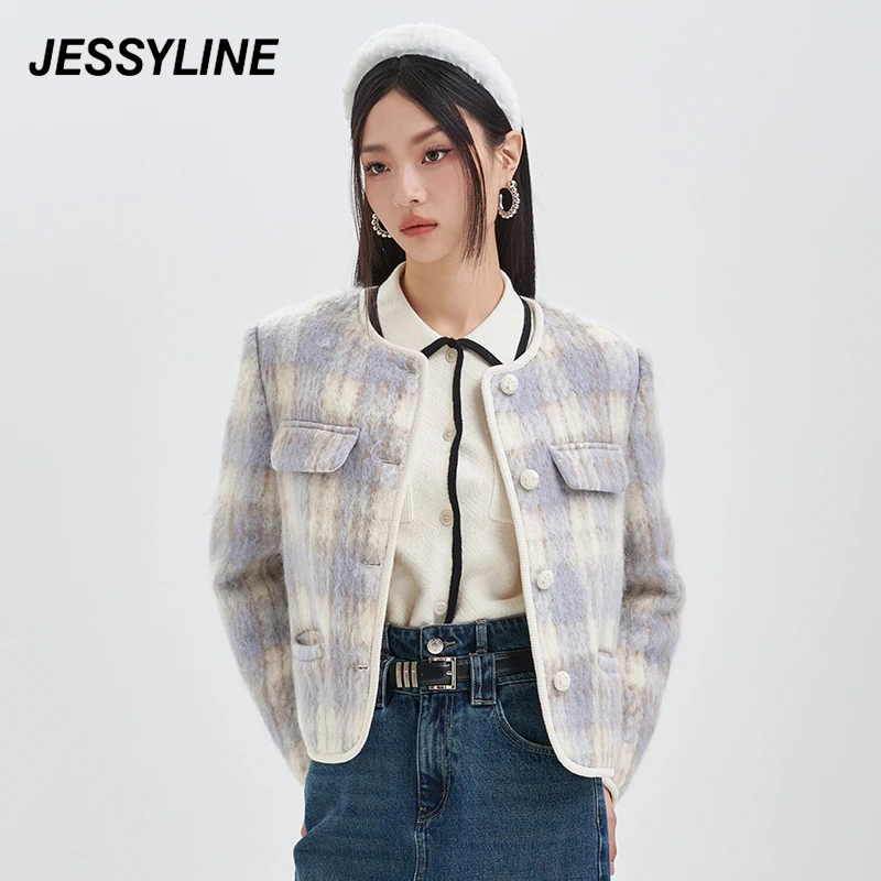 jessyline冬季新款女装 杰茜莱小香风格子毛呢外套 342207071