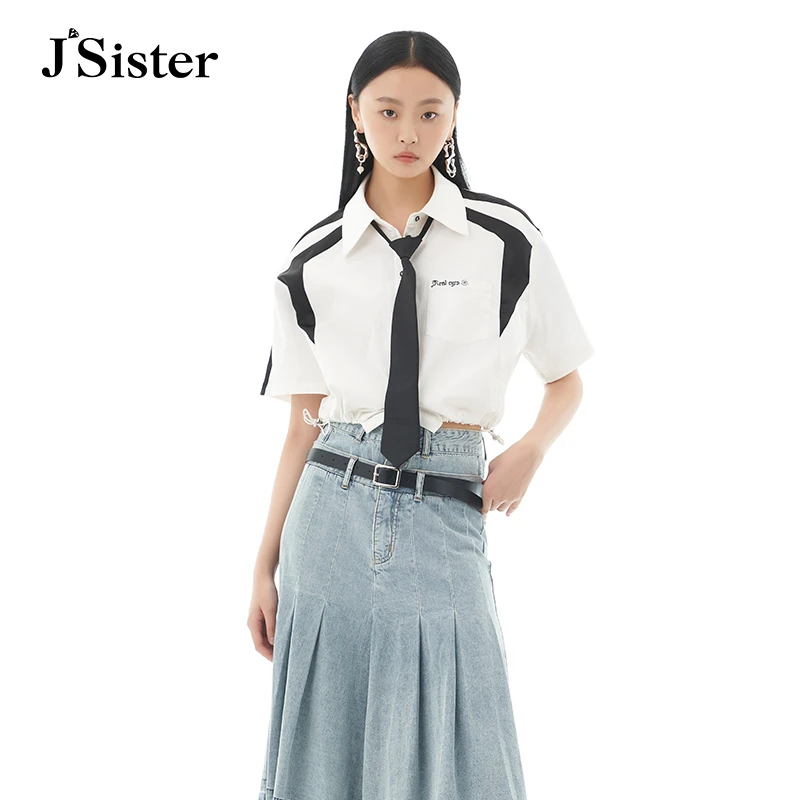 jsister夏装新款 JS女装时尚黑白衬衫休闲气质百搭