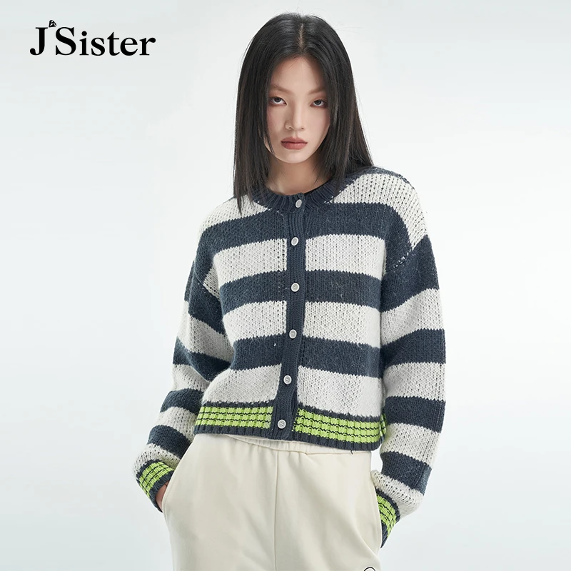 jsister秋季款 JS女装时尚简约条纹撞色通勤风针织开衫