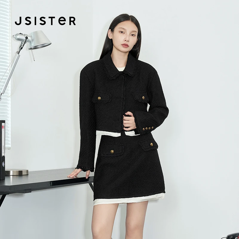 jsister秋季款 JS女装时尚黑色拼接通勤小香风花边短外套