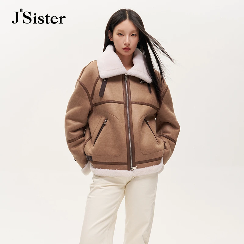 【程钱钱】jsister 冬季新品 JS女装拼色绵羊毛短款外外套