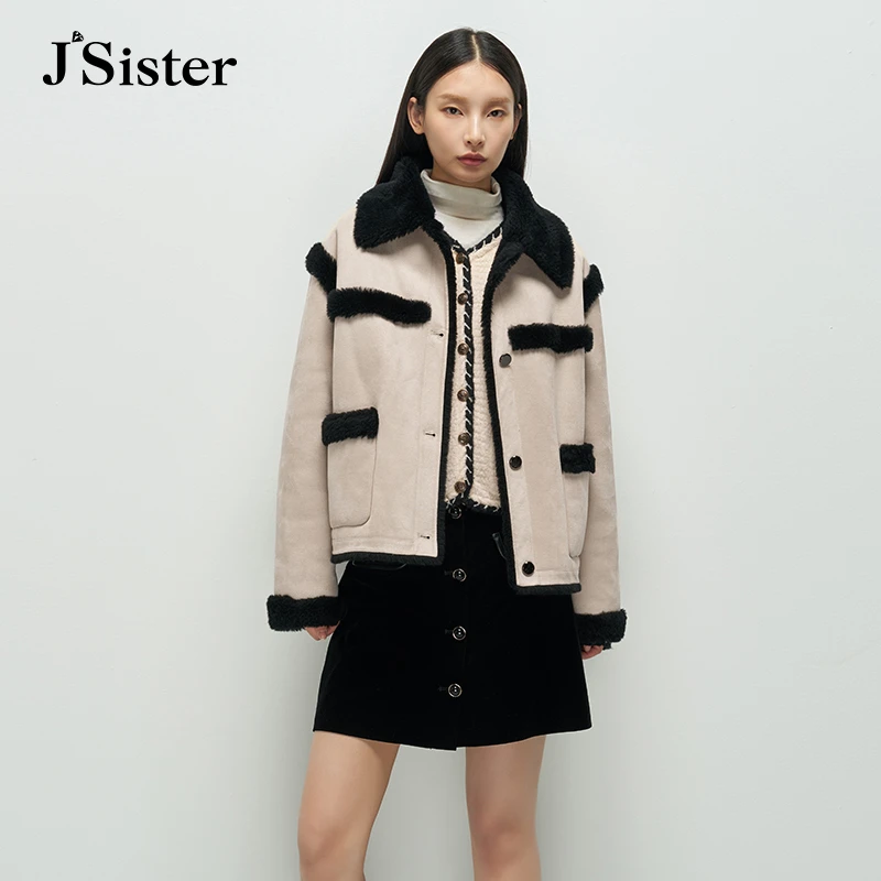 jsister冬季新款 JS女装时尚拼接设计感翻领毛呢外套