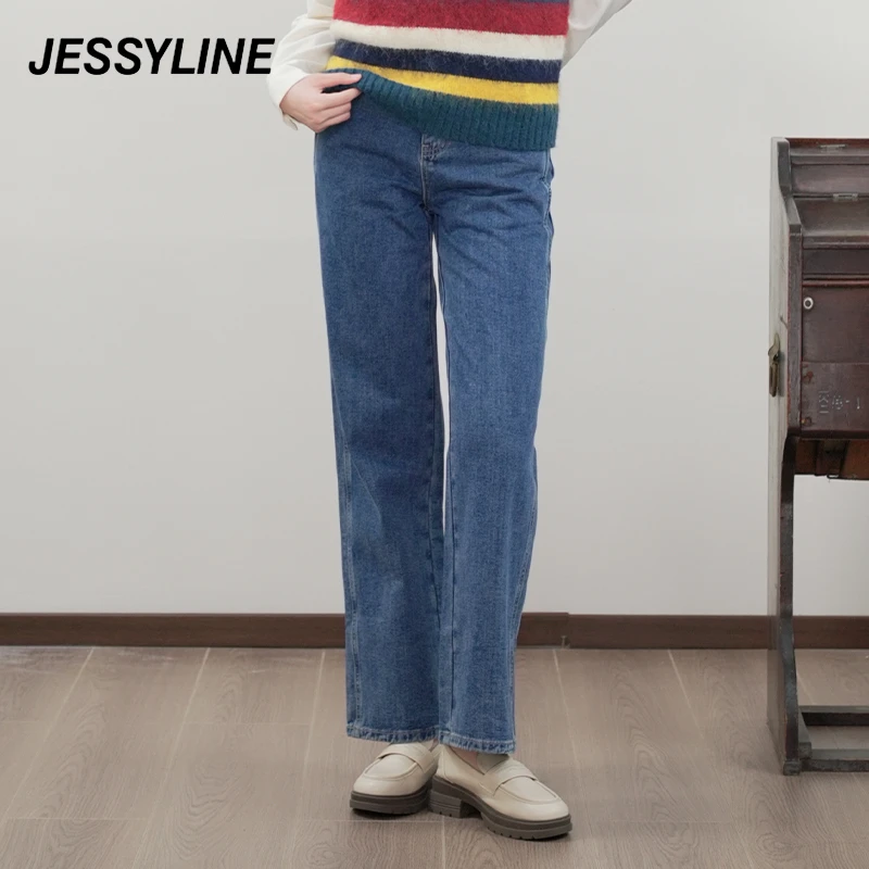 jessyline秋冬新款牛仔裤 杰茜莱时尚百搭直筒休闲长裤