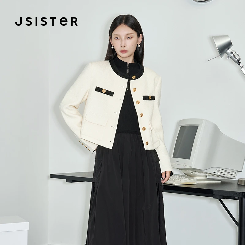 jsister 2024秋装新款 JS女装时尚米色拼接圆领经典小香风短外套