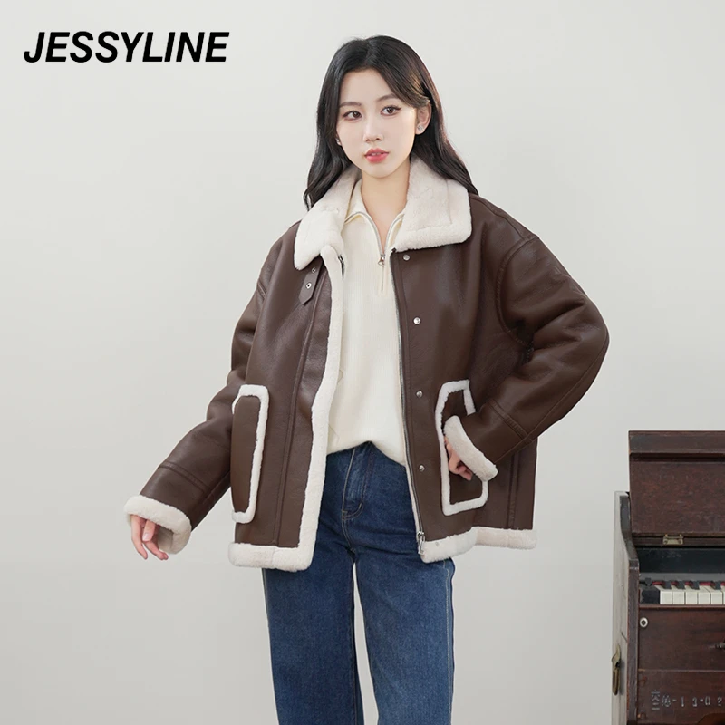 【程钱钱】jessyline杰茜莱冬季新款皮质保暖外套女