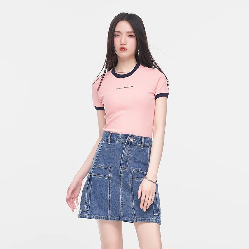 jessyline夏季新款 杰茜莱时尚修身字母刺绣短袖t恤百搭上衣