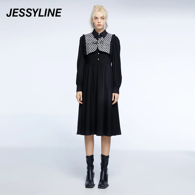 jessyline冬季新款 杰茜莱中长款收腰连衣裙子气质显瘦 长袖拼接