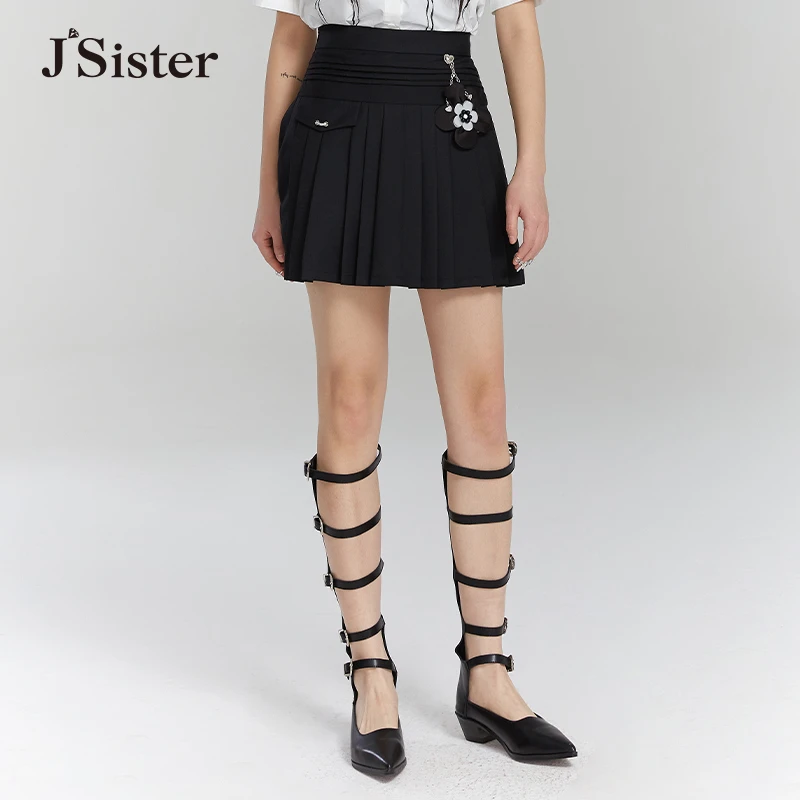 jsister  夏装新款 JS女装时尚黑色高腰A字百褶裙 S223112010