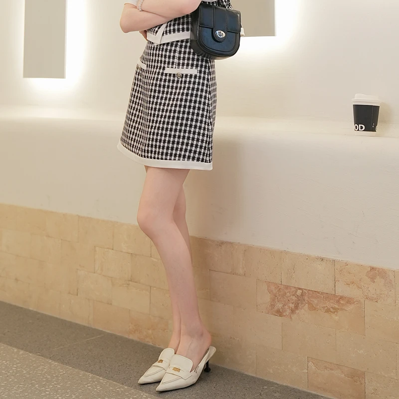 杰茜莱时尚黑白格子a字半身裙女百搭短裙 jessyline