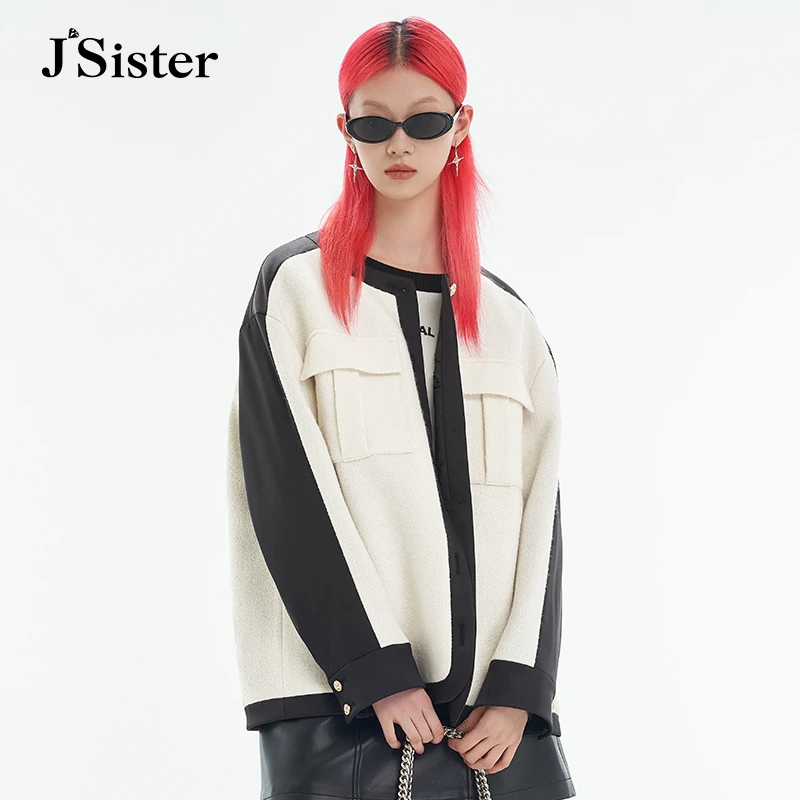 jsister秋装新款 JS女装时尚简约百搭米色拼接通勤外套