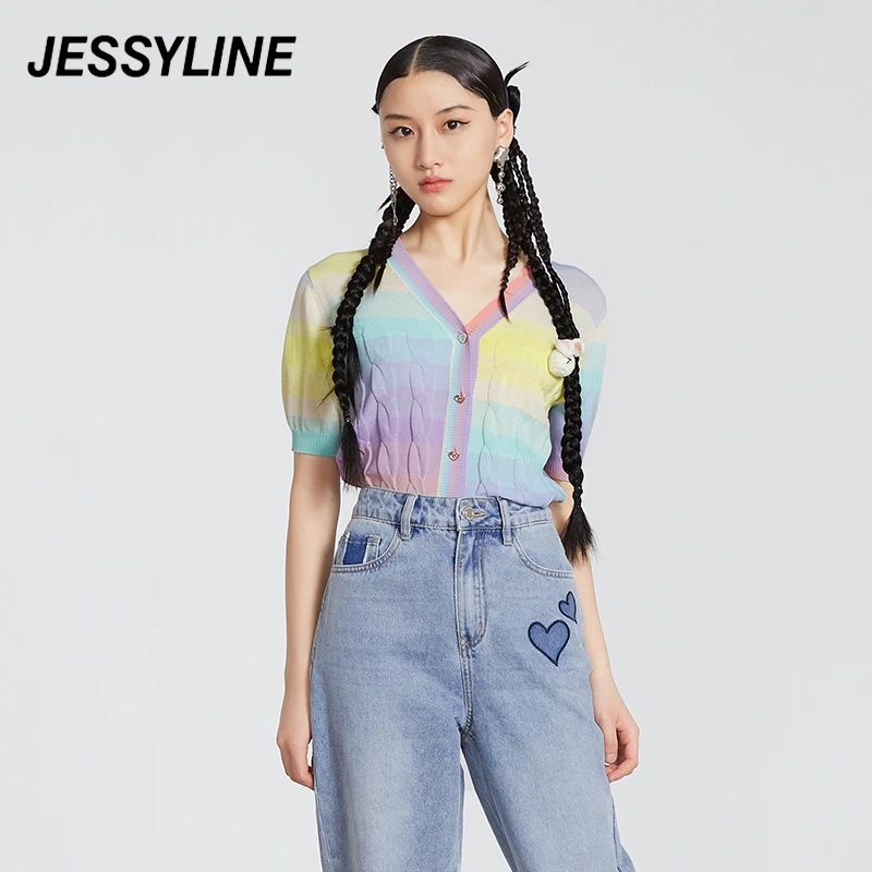 jessyline 夏季新款杰茜莱时尚设计感彩色渐变条纹V领针织衫百搭