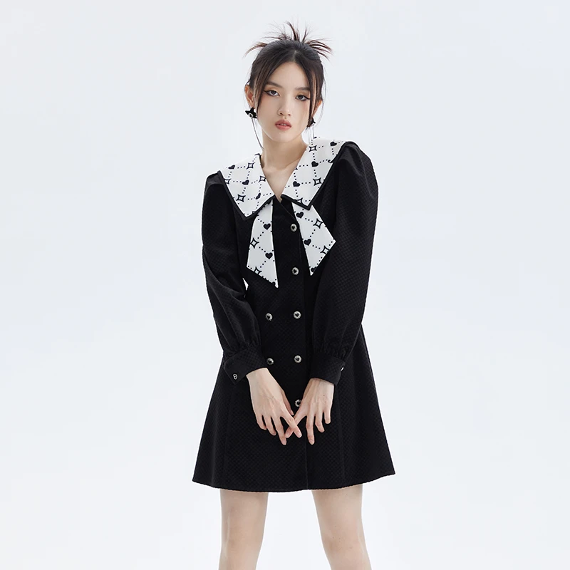 jessyline秋季 杰茜莱时尚黑色收腰连衣裙 234211183显瘦名媛拼接