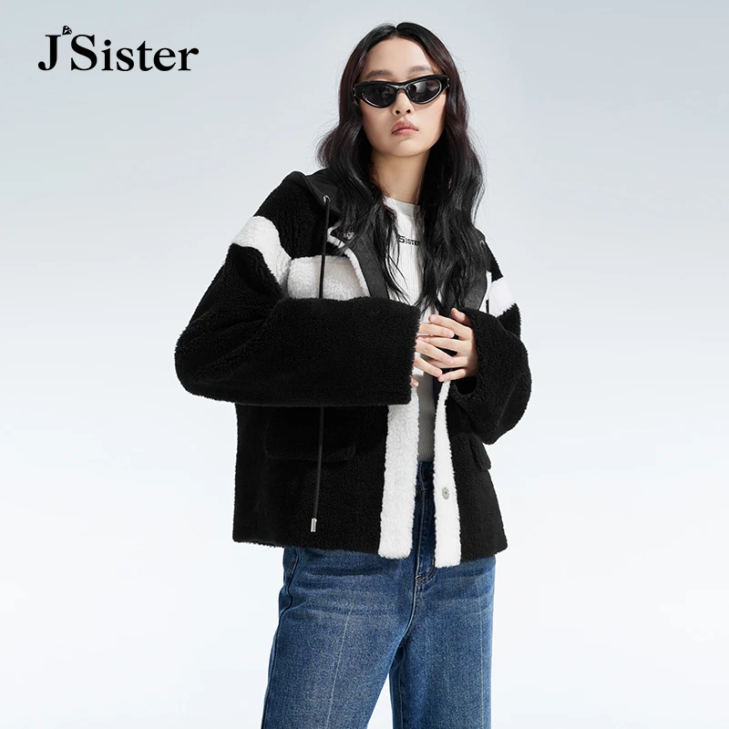jsister冬装新款 JS女装时尚黑白拼接保暖毛呢外套