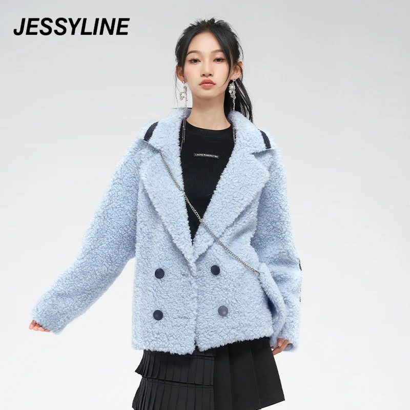 jessyline 秋冬新款 杰茜莱雾霾蓝大衣毛呢外套女简约清新百搭
