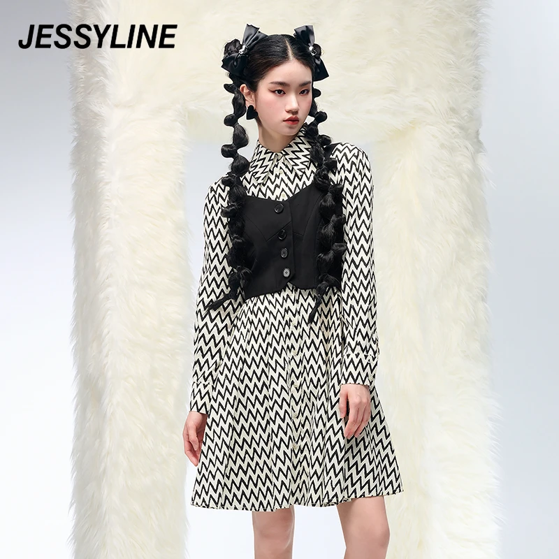 jessyline秋季新款 杰茜莱黑色马甲条纹连衣裙两件套优雅时尚显瘦