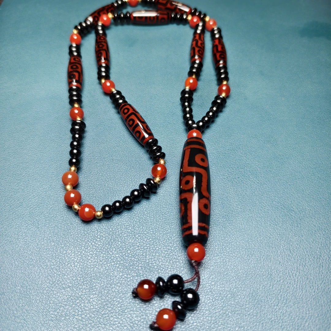 西亚搓丝九眼藏珠项链，搭配全珠酒红九眼天珠链条，男女同款名族风