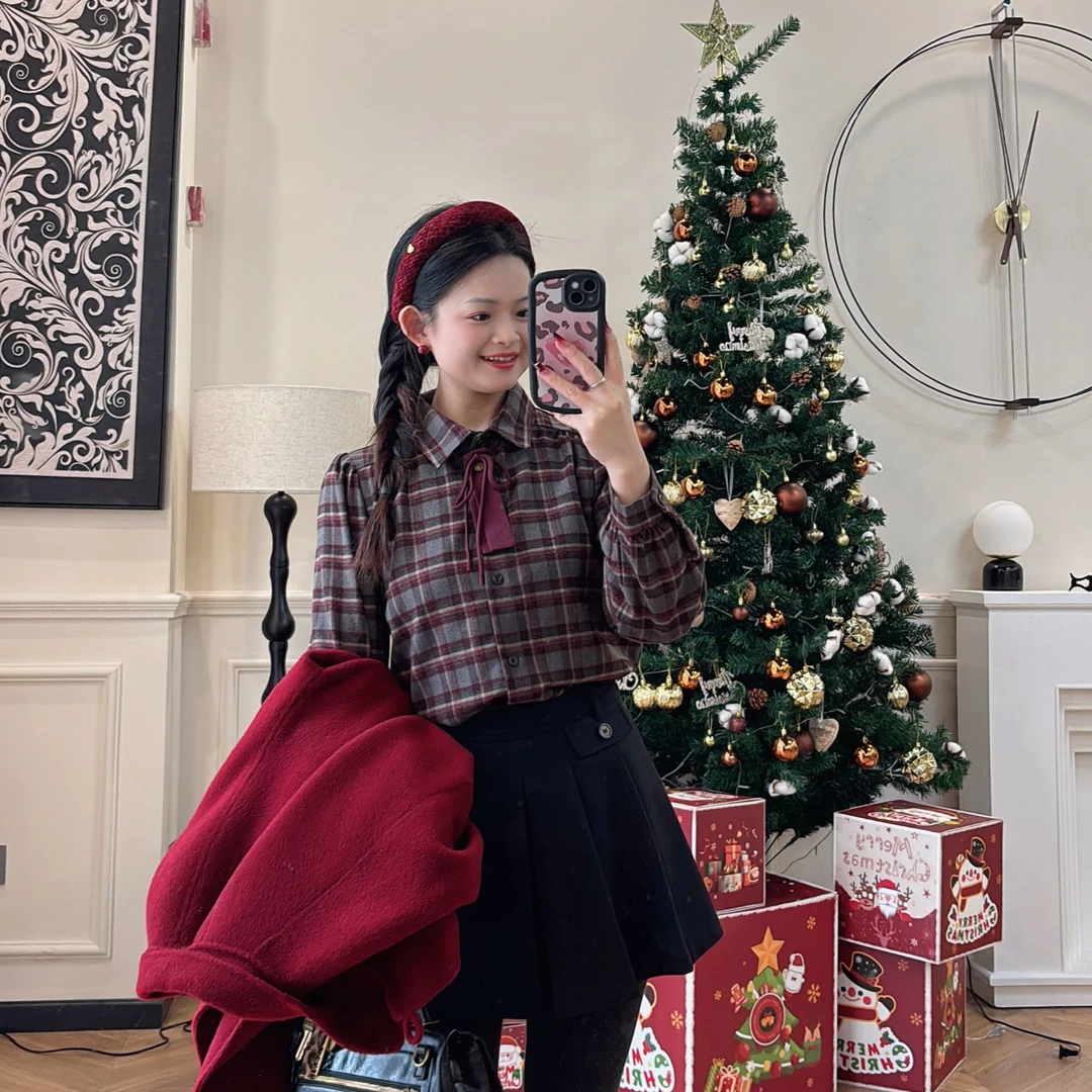 【PGXIAOM】小二定制复古蝴蝶结格纹衬衣CY9589