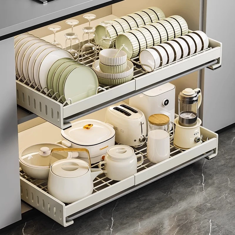 厨房抽拉篮碗碟收纳架橱柜内置抽屉式放碗盘置物架厨房沥水碗架C