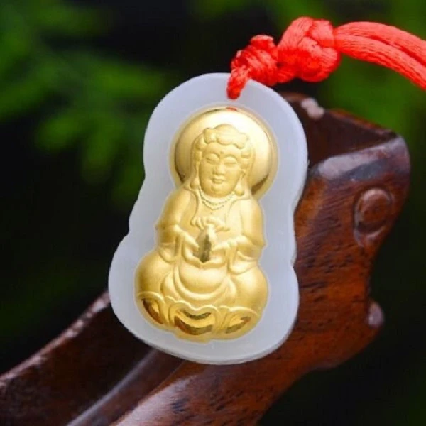 【宠粉专属】精美古法雕刻金镶玉观音吊坠天然和田玉观音挂件坠链