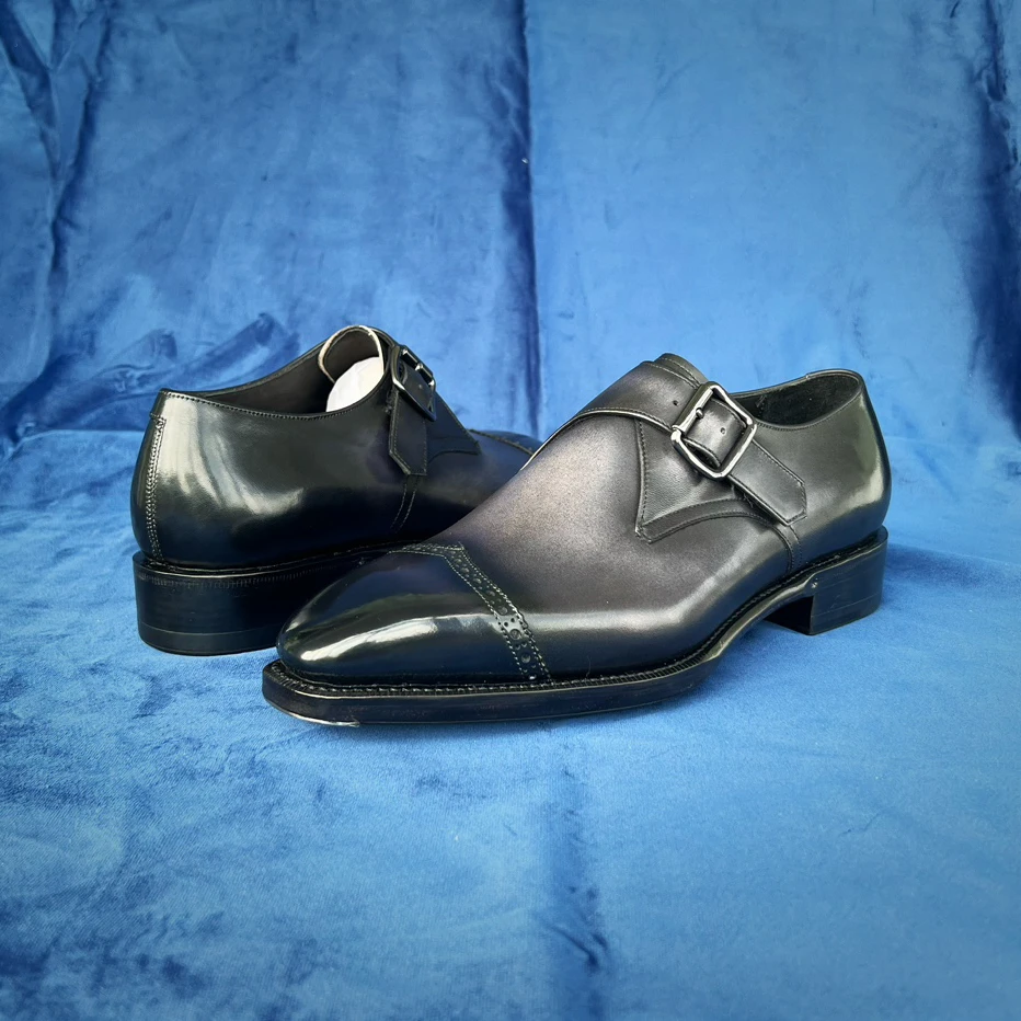 布洛克雕花单扣孟克鞋 意大利进口小牛皮 固特异手工真皮底工艺