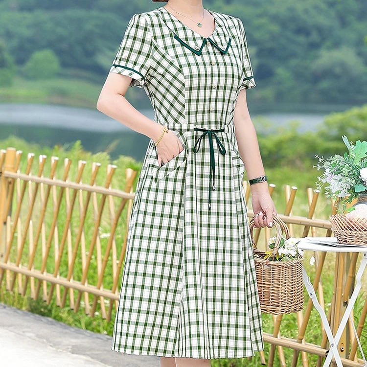 V246夏季新款连衣裙时尚气质收腰遮肚显瘦格子中长款女装连衣裙