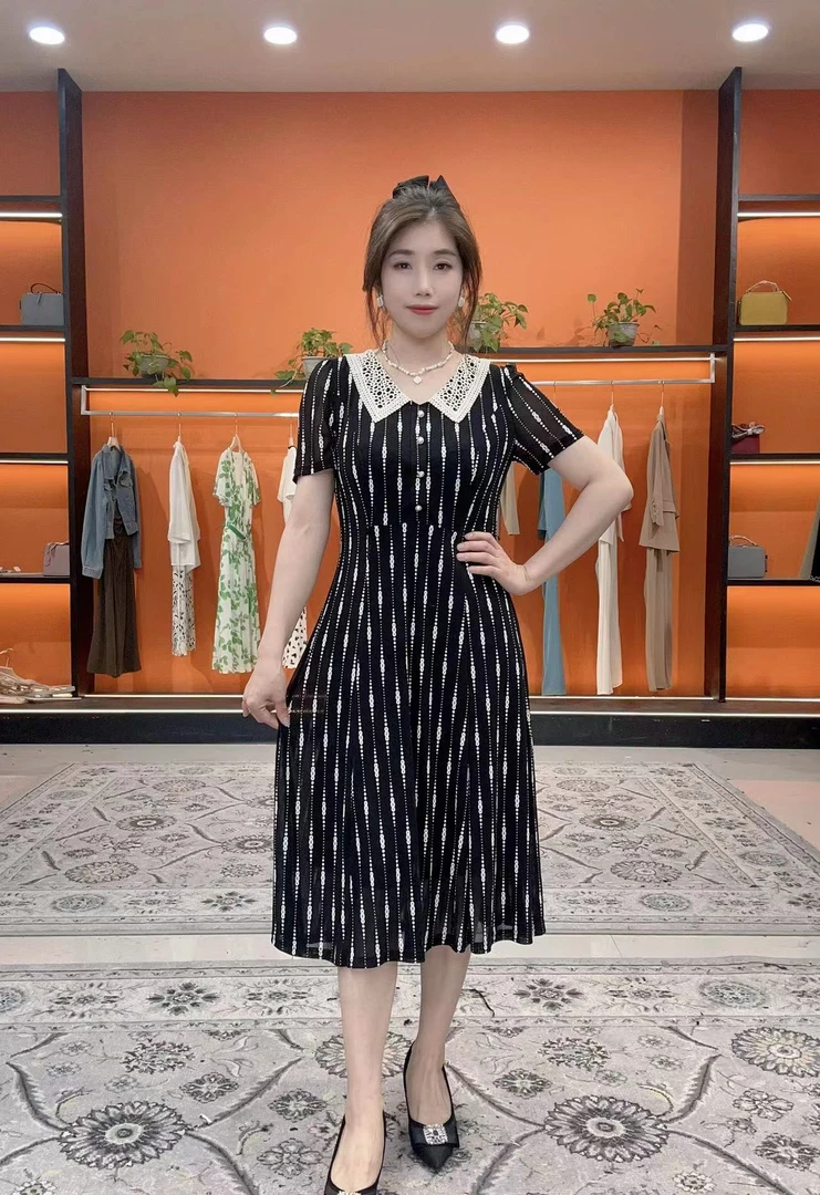 X0340夏季新款连衣裙时尚气质优雅收腰裙子网纱翻领女装连衣裙