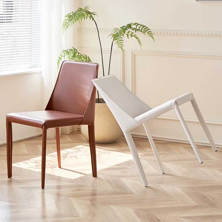 奶油风意式极简靠背餐椅轻奢高级简约马鞍皮椅子现代家用餐桌椅子