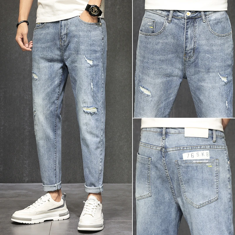 2025春季新款男士牛仔裤轻奢韩版时尚舒适修身百搭小直筒九分裤男