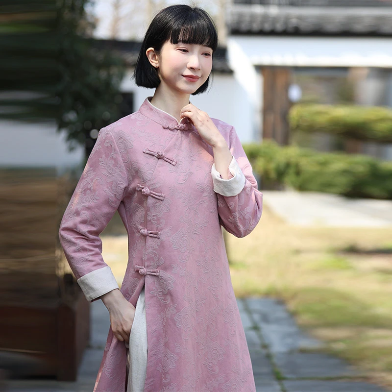 二喜茶服2025早春新款复古中式风提花棉麻加厚禅意奥黛旗袍上衣
