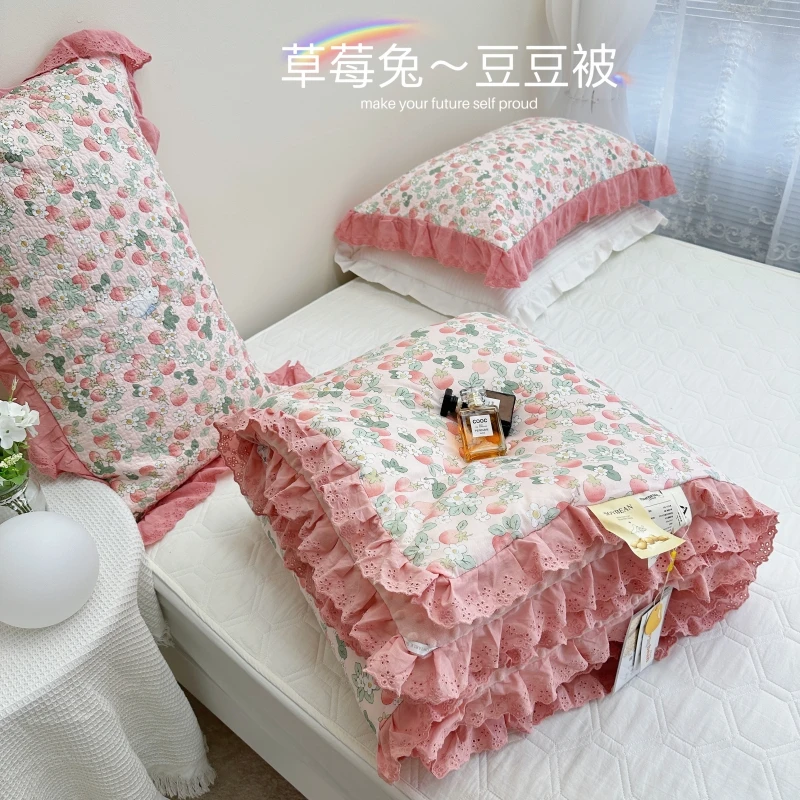 V/雅鹿秋冬新款法式加厚全棉小清新花边款豆豆被单人双人宿舍被子