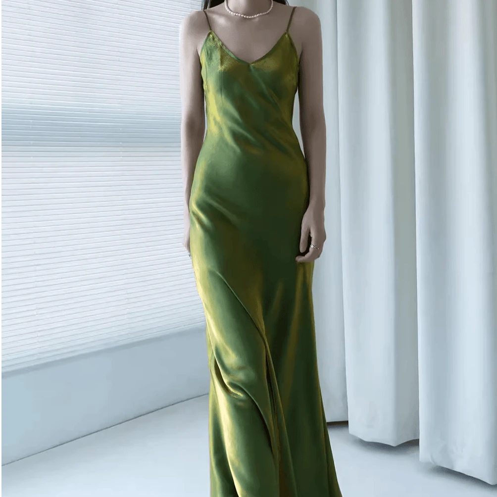桑蚕丝斜裁吊带裙长款连衣裙绿色度假裙礼服裙高端轻奢人鱼姬裙