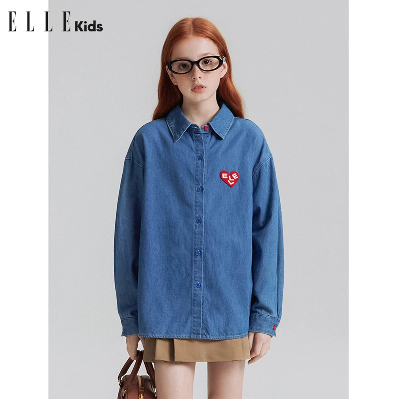 3713【ELLE KIDS】童装春秋季休闲百搭时尚宽松牛仔爱心绣标衬衫Q1