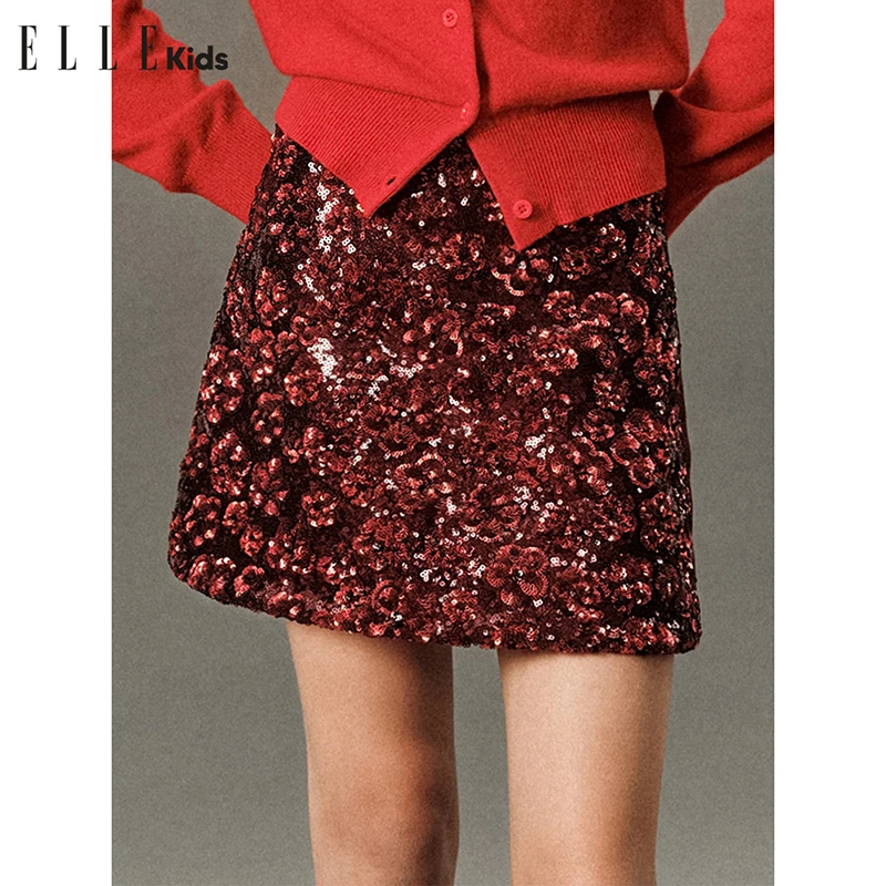 ELLEKIDS节日氛围感小个子定制重工花朵珠片A字半裙D4女童新年裙