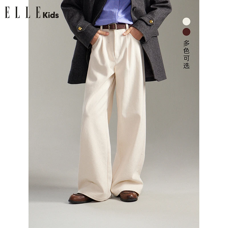 ELLE KIDS法式经典内磨毛全棉斜纹棉小个子休闲后腰松紧长裤D3
