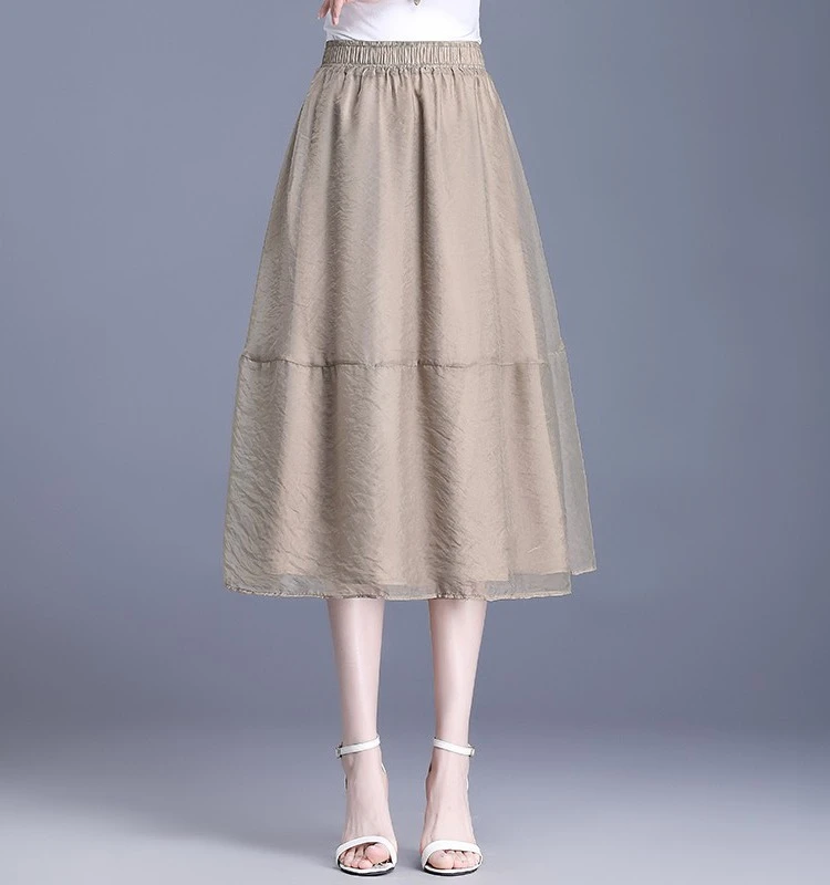 暮云纱半身裙女中长款高腰显瘦A字裙气质纱裙时尚显瘦半身裙