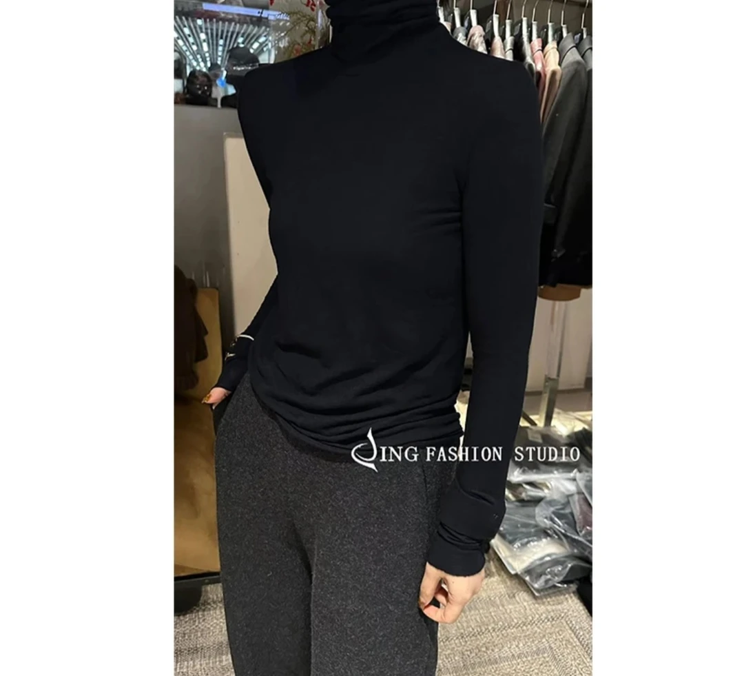 JING2024秋季新款女装833高领长袖T恤衫纯色上衣百搭修身打底衫