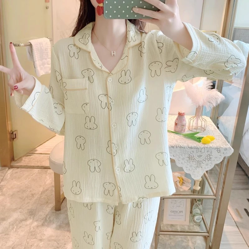 女士纯棉睡衣卡通兔子双层绉纱棉柔软长袖长裤薄款睡衣家居服套装