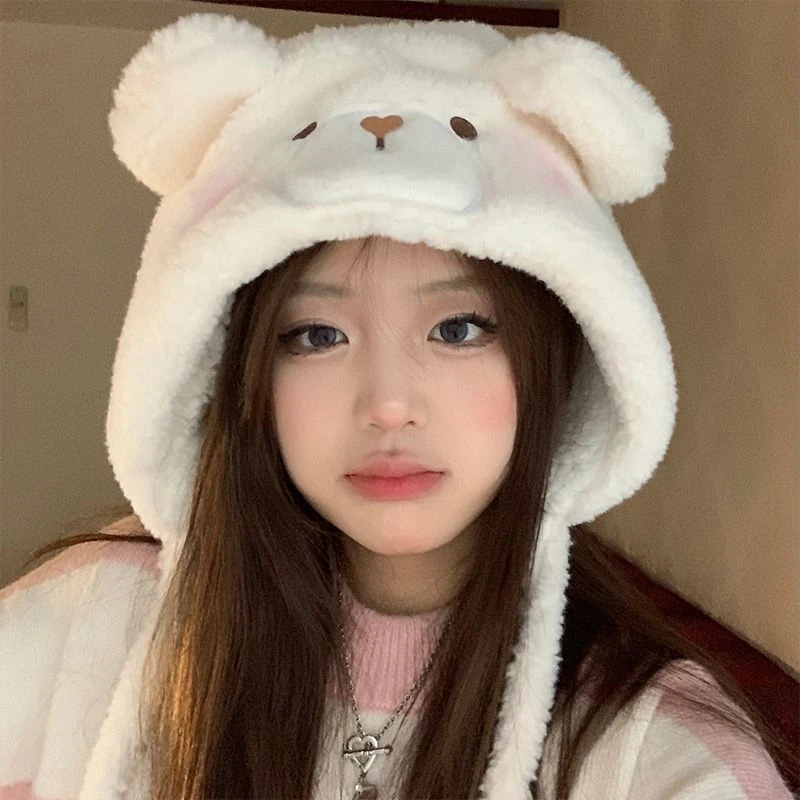 可爱腮红小熊帽子女秋冬季加厚保暖毛绒护耳朵套头帽羊羔毛雷锋帽