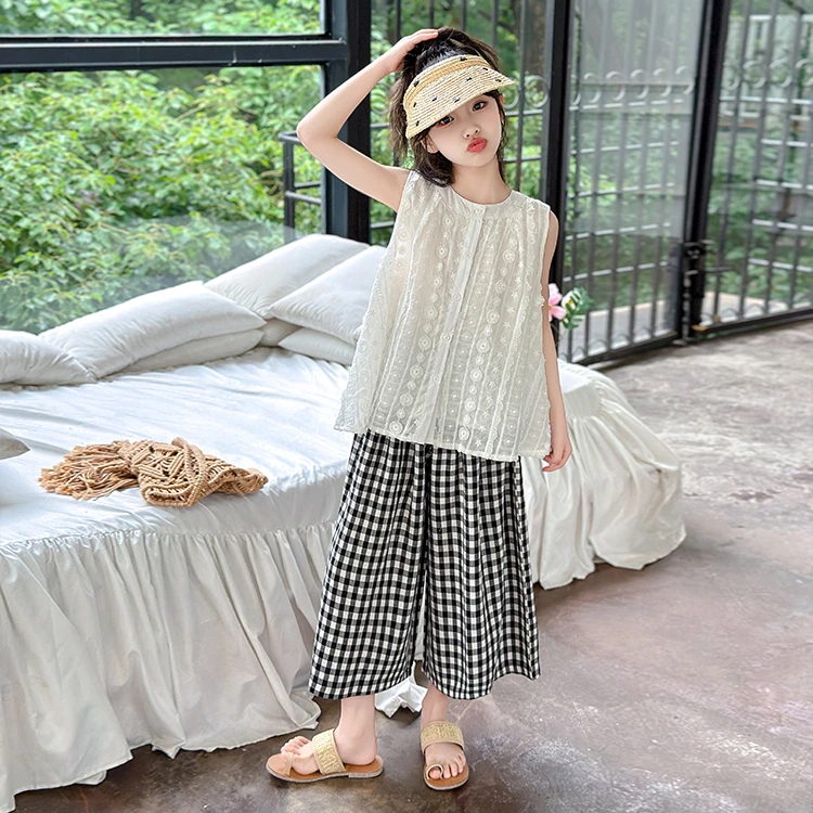 女童夏季套装2024新款洋气女孩无袖提花衬衣儿童夏装娃娃衫阔腿裤